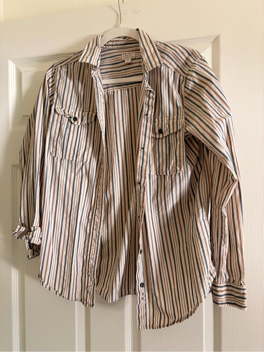 Filson Striped Casual Button-Down Shirt in Beige and Navy